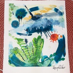 Pond Serendipity Watercolor Mixed Media Original Blues and Greens Hand Painted